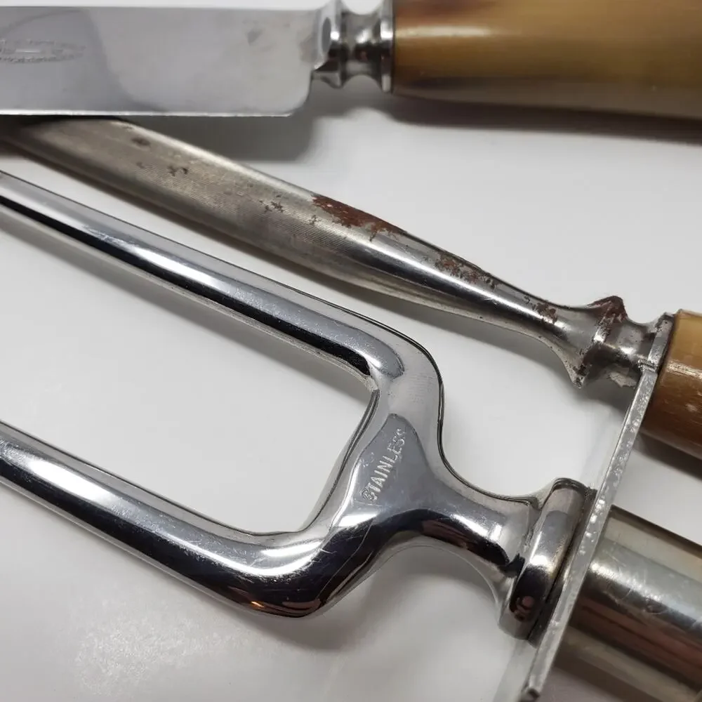 Vintage Wade & Butcher Antler Handle stainless steel knife and tong set